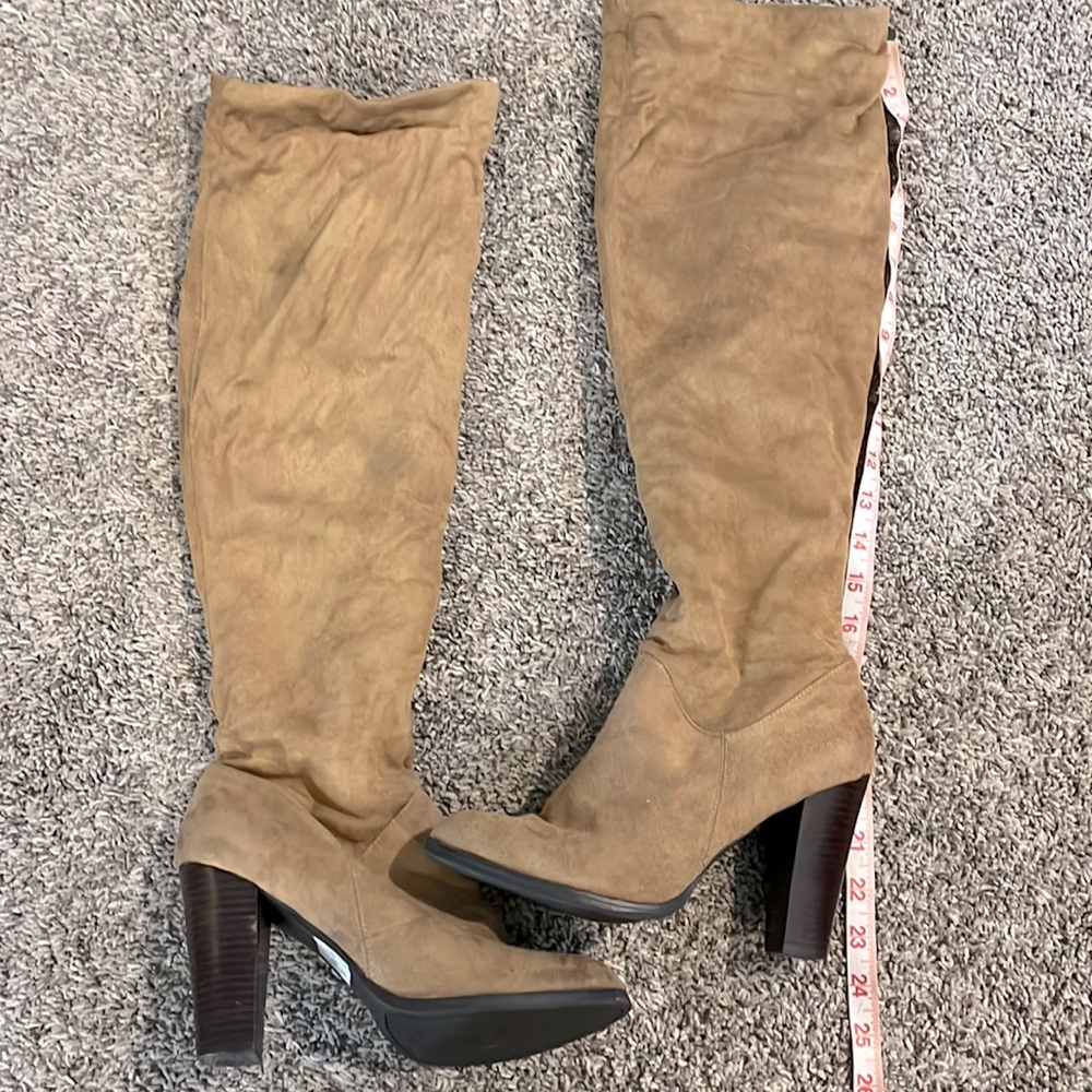 Camel/caramel colored faux suede knee high boots